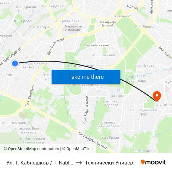 Ул. Т. Каблешков / T. Kableshkov St. (2207) to Технически Университет - София map