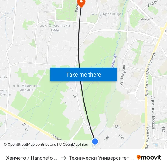 👋 Ханчето / Hancheto (2300) to Технически Университет - София map