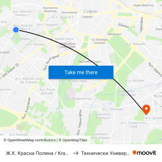 Ж.К. Красна Поляна / Krasna Polyana (0632) to Технически Университет - София map