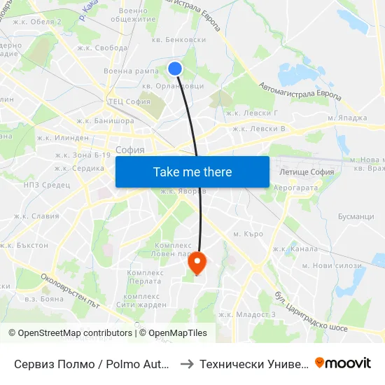 Сервиз Полмо / Polmo Auto Repair Service (1584) to Технически Университет - София map