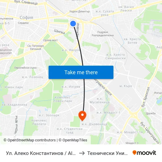 Ул. Алеко Константинов / Aleko Konstantinov St. (1821) to Технически Университет - София map