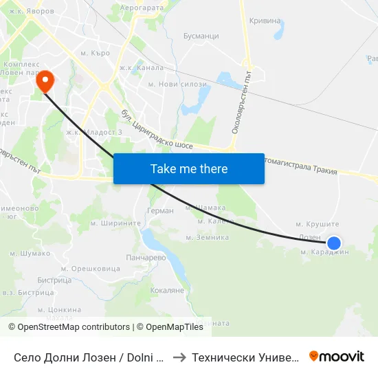 Село Долни Лозен / Dolni Lozen Village (2801) to Технически Университет - София map