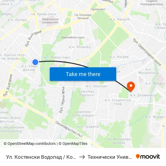 Ул. Костенски Водопад / Kostenski Vodopad (2011) to Технически Университет - София map