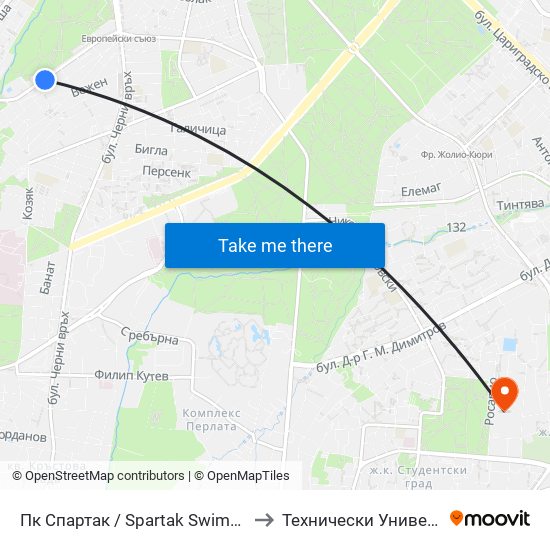 Пк Спартак / Spartak Swimming Complex (1345) to Технически Университет - София map