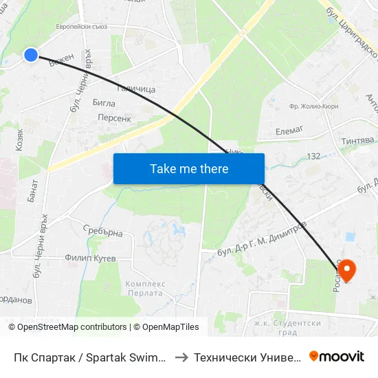 🏊🏻 Пк Спартак / Spartak Swimming Complex (1345) to Технически Университет - София map
