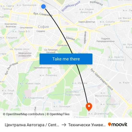 Централна Автогара / Central Bus Station (2665) to Технически Университет - София map