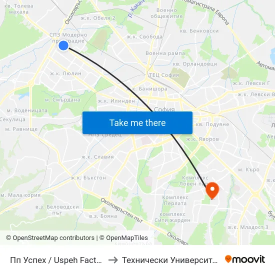 Пп Успех / Uspeh Factory (1752) to Технически Университет - София map