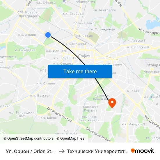 Ул. Орион / Orion St. (2090) to Технически Университет - София map