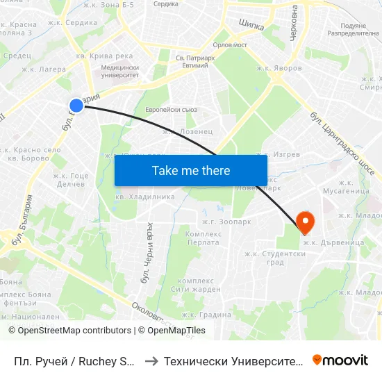 Пл. Ручей / Ruchey Sq. (1303) to Технически Университет - София map