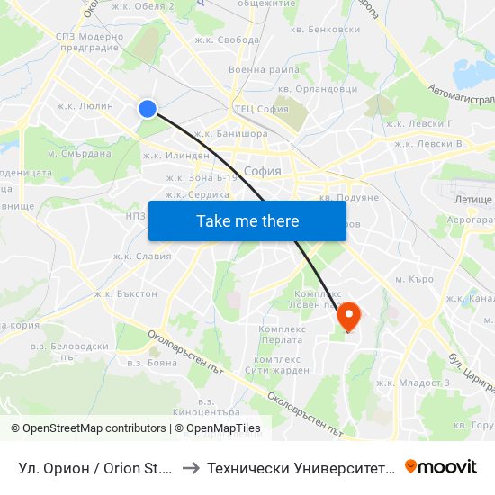 Ул. Орион / Orion St. (2092) to Технически Университет - София map