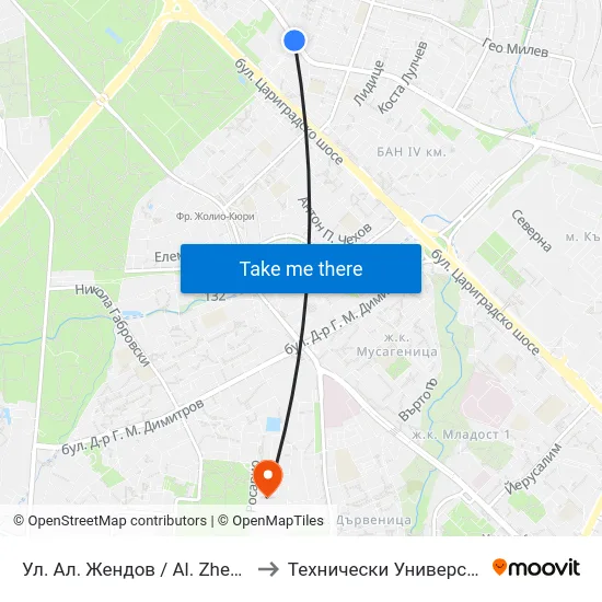 Ул. Ал. Жендов / Al. Zhendov St. (1823) to Технически Университет - София map
