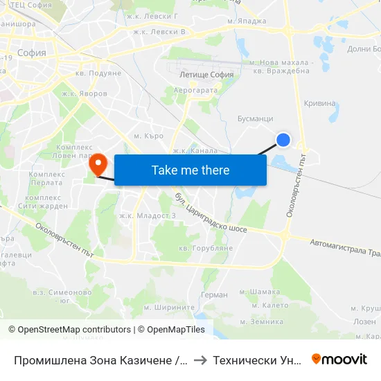 Промишлена Зона Казичене / Industrial Zone Kazichene (1702) to Технически Университет - София map
