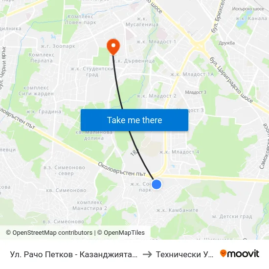 Ул. Рачо Петков - Казанджията / Racho Petkov Kazandzhiyata St. (2651) to Технически Университет - София map