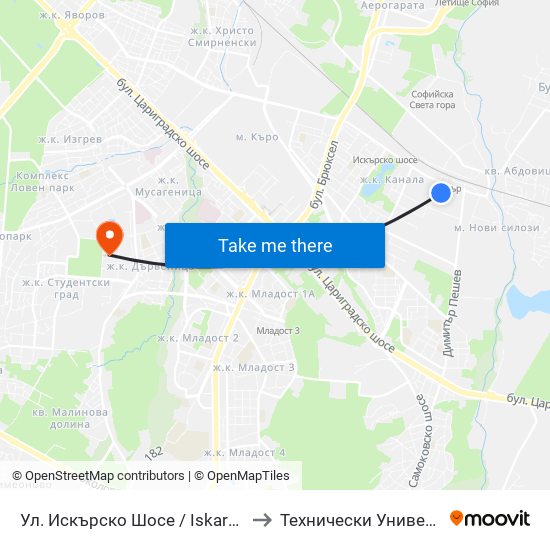 Ул. Искърско Шосе / Iskarsko Shose St. (2583) to Технически Университет - София map
