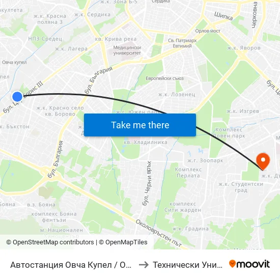 🚌 Автостанция Овча Купел / Ovcha Kupel Bus Station (2705) to Технически Университет - София map