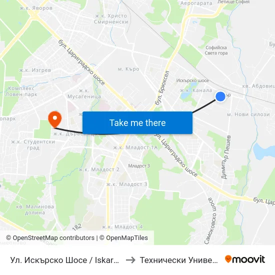 Ул. Искърско Шосе / Iskarsko Shose St. (2582) to Технически Университет - София map
