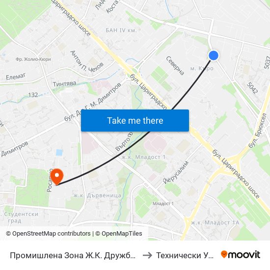 Промишлена Зона Ж.К. Дружба 1 / Industrial Zone Druzhba 1 Qr. (2724) to Технически Университет - София map