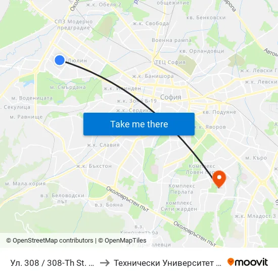 Културен Център Люлин / Lyulin Culture Centre (1799) to Технически Университет - София map