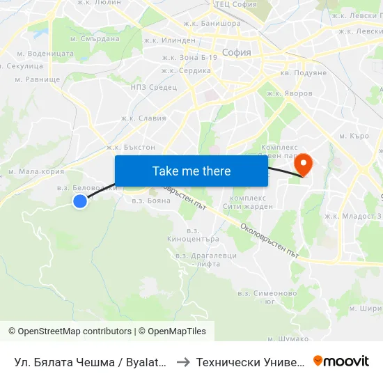 Ул. Бялата Чешма / Byalata Cheshma St. (1839) to Технически Университет - София map