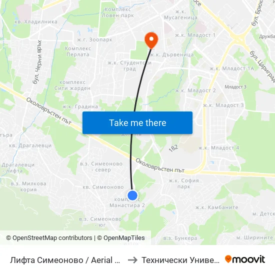 🚠 Лифта Симеоново / Aerial Lift Simeonovo (1011) to Технически Университет - София map