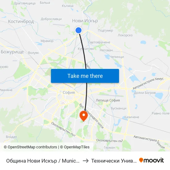 Община Нови Искър / Municipality Of Novi Iskar (0955) to Технически Университет - София map