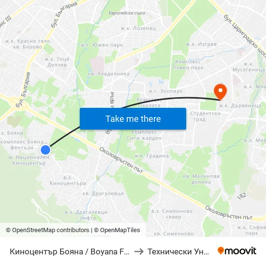 Киноцентър Бояна / Boyana Film Studios (Kinotsentar) (0931) to Технически Университет - София map