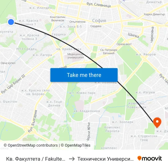 Кв. Факултета / Fakulteta Qr. (1228) to Технически Университет - София map