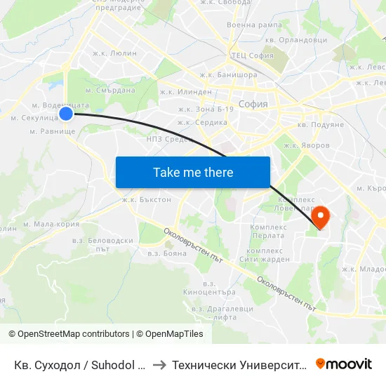 Кв. Суходол / Suhodol Qr. (1170) to Технически Университет - София map