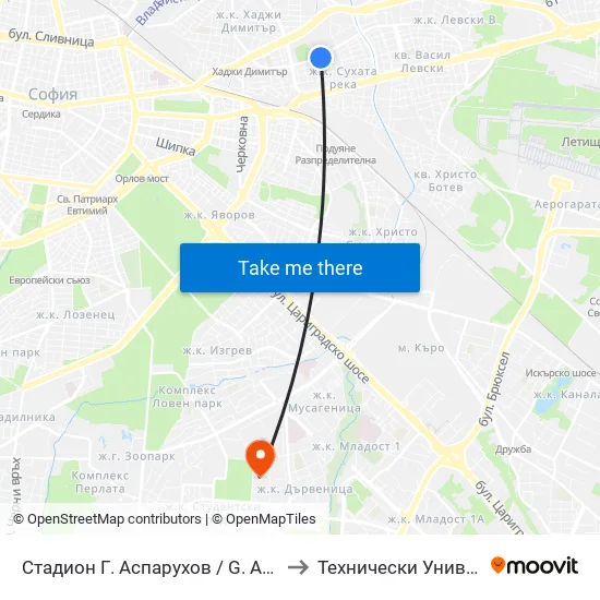 Стадион Г. Аспарухов / G. Asparuhov Stadium (1614) to Технически Университет - София map
