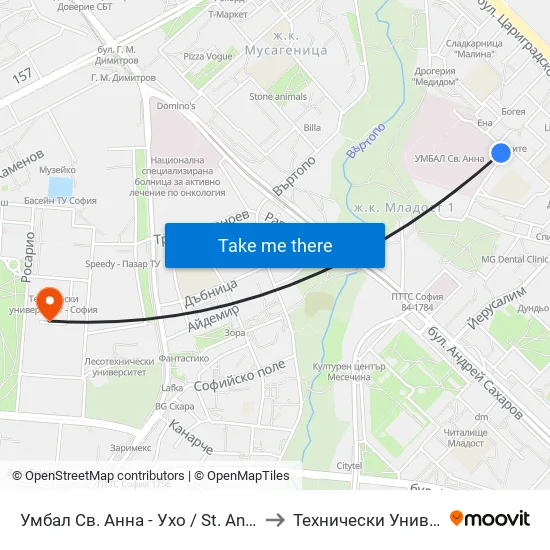 Умбал Св. Анна - Ухо / St. Anna Hospital - Loop (1197) to Технически Университет - София map