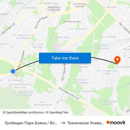 Гробищен Парк Бояна / Boyana Cemetery (0263) to Технически Университет - София map