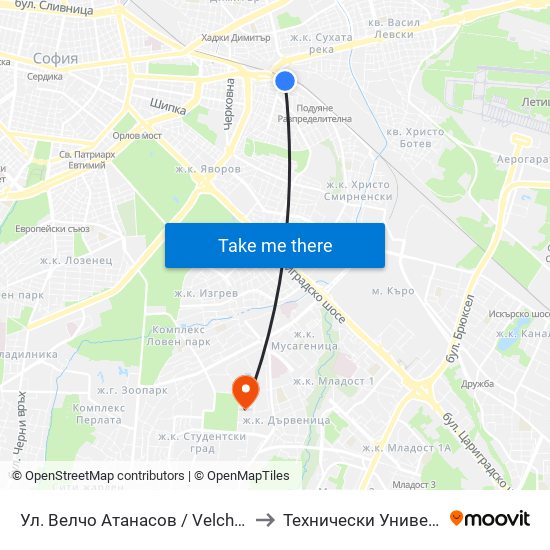 Ул. Велчо Атанасов / Velcho Atanasov St. (1867) to Технически Университет - София map