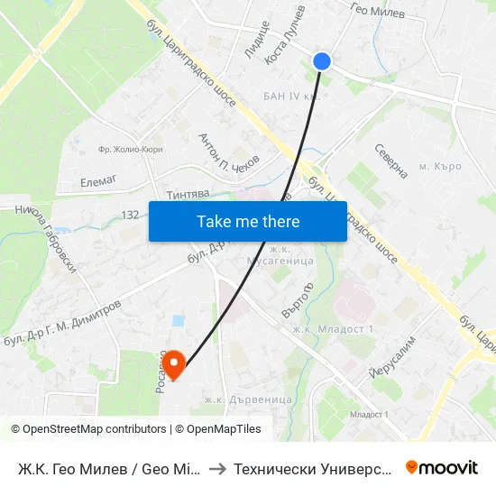 🚌 Ж.К. Гео Милев / Geo Milev Qr. (0595) to Технически Университет - София map