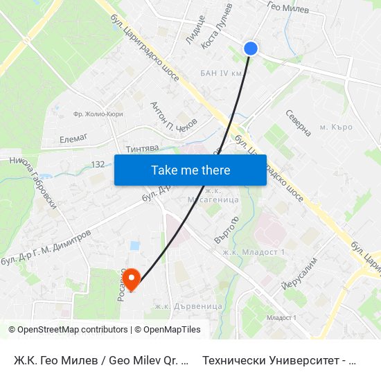 Ж.К. Гео Милев / Geo Milev Qr. (0597) to Технически Университет - София map