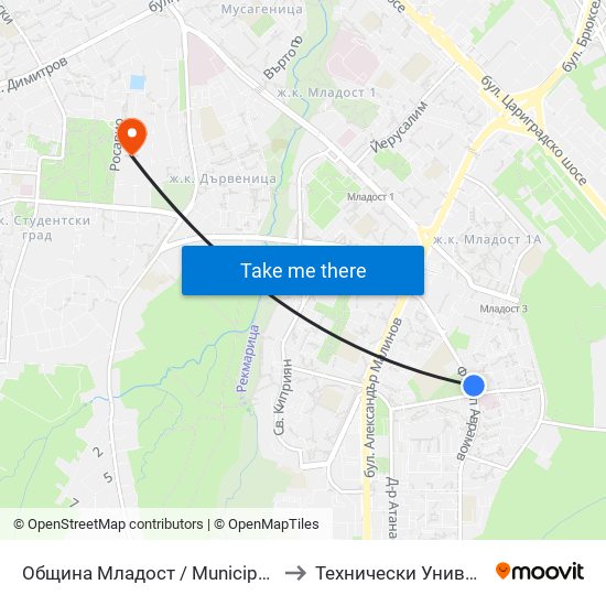 Община Младост / Municipality Of Mladost (0944) to Технически Университет - София map