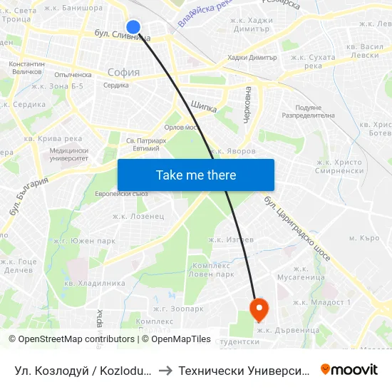 Ул. Козлодуй / Kozloduy St. (2001) to Технически Университет - София map