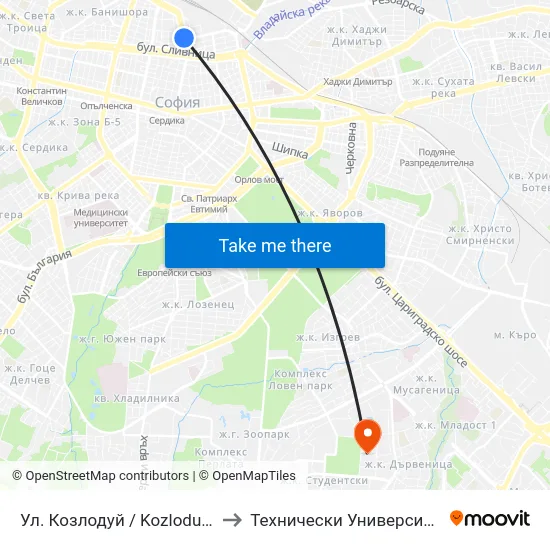 Ул. Козлодуй / Kozloduy St. (2003) to Технически Университет - София map