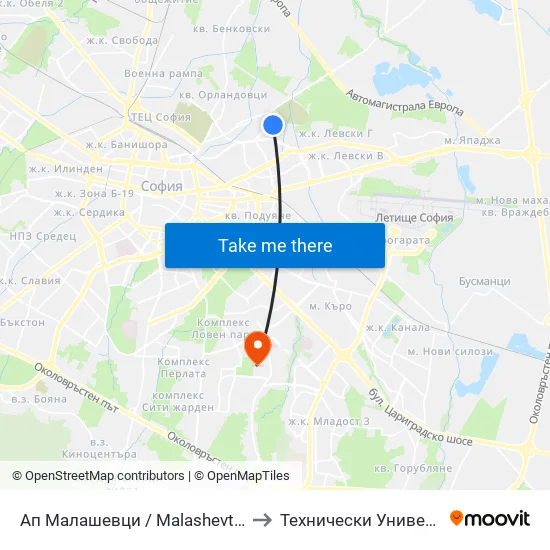 Ап Малашевци / Malashevtsi Bus Depot (0081) to Технически Университет - София map