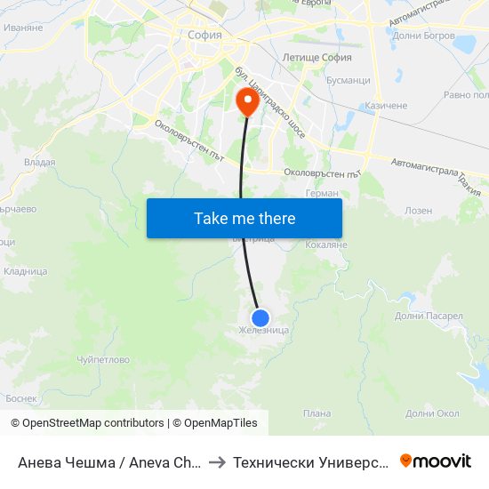 Анева Чешма / Aneva Cheshma (0075) to Технически Университет - София map