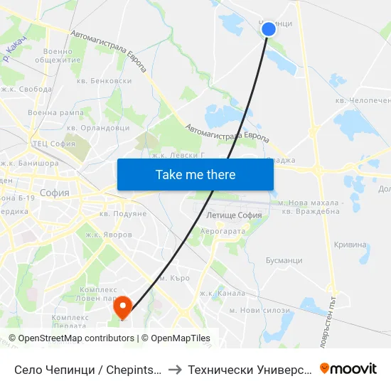 Село Чепинци / Chepintsi Village (1562) to Технически Университет - София map