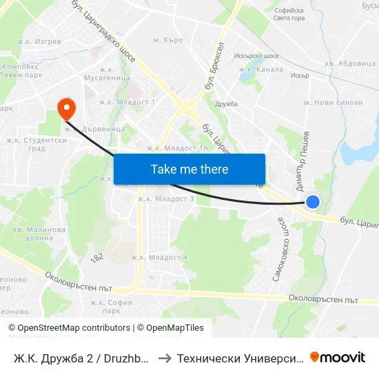 Ж.К. Дружба 2 / Druzhba 2 Qr. (0612) to Технически Университет - София map