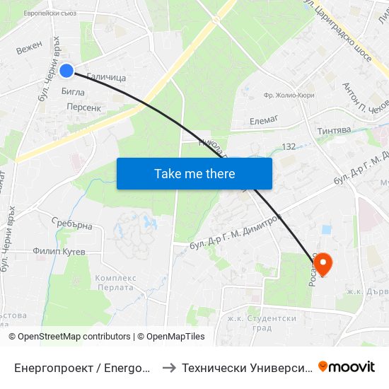 Енергопроект / Energoproekt (0575) to Технически Университет - София map