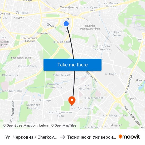 Ул. Черковна / Cherkovna St. (2259) to Технически Университет - София map