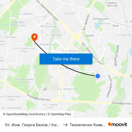 Ул. Инж. Георги Белов / Inzh. Georgi Belov St. (2591) to Технически Университет - София map