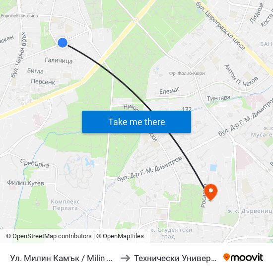 Ул. Милин Камък / Milin Kamak St. (2045) to Технически Университет - София map