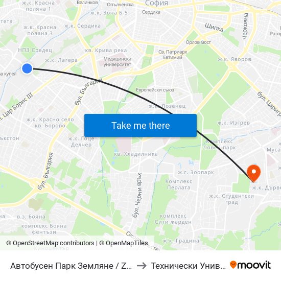 Автобусен Парк Земляне / Zemlyane Bus Depot (0080) to Технически Университет - София map
