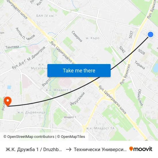 Ж.К. Дружба 1 / Druzhba 1 Qr. (0607) to Технически Университет - София map