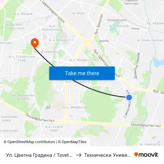 Ул. Цветна Градина / Tsvetna Gradina St. (2256) to Технически Университет - София map