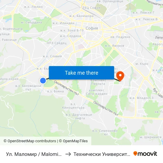 Ул. Маломир / Malomir St. (2044) to Технически Университет - София map