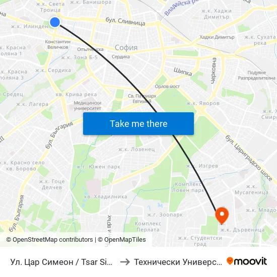 Ул. Цар Симеон / Tsar Simeon St. (2248) to Технически Университет - София map